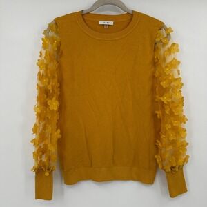 Sioni Womens Mustard Yellow Knit Sweater 3D Floral Sheer Mesh Sleeve Size M
